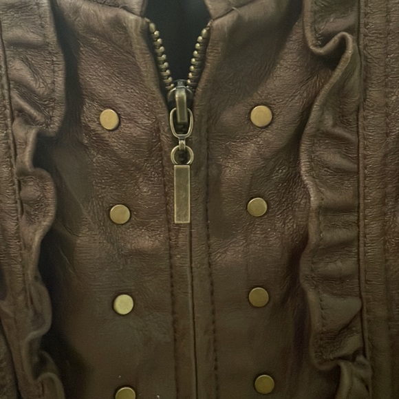 Ladies brown pleather jacket, size S. Zip front, brass and ruffle trim - Picture 3 of 8